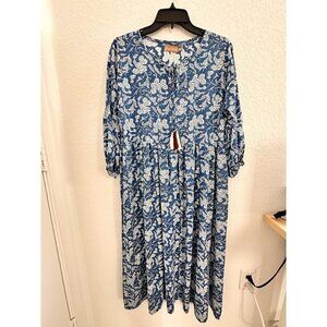 Shae by Sassafras Women's Blue/White Floral 3/4 Sleeves Tasseled Sundress. XL